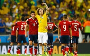 Brazil's+David+Luiz+(4)+gestures+at+Colombia's+James+Rodriguez+(10)+as+he+tells+the+spectators+to+applaud